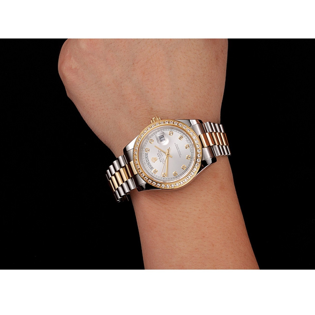 Aaa replica watch Dial Stainless Bracelet Diamond Steel Swiss Case Tone Two Day-Date Rolex White 1453971 Gold 0731
